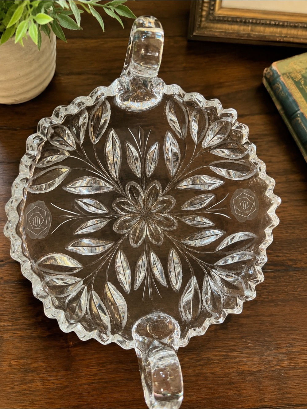 Vintage Brilliant Style Cut Crystal 2 Handle Bowl Floral Leaf 11.5 Inch